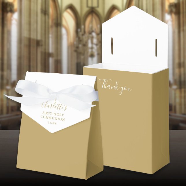 Caixinha De Lembrancinhas Primeira Comunhão Solene Elegante Caligrafia Assin (First Holy Communion Elegant Gold Signature Script Favor Boxes)