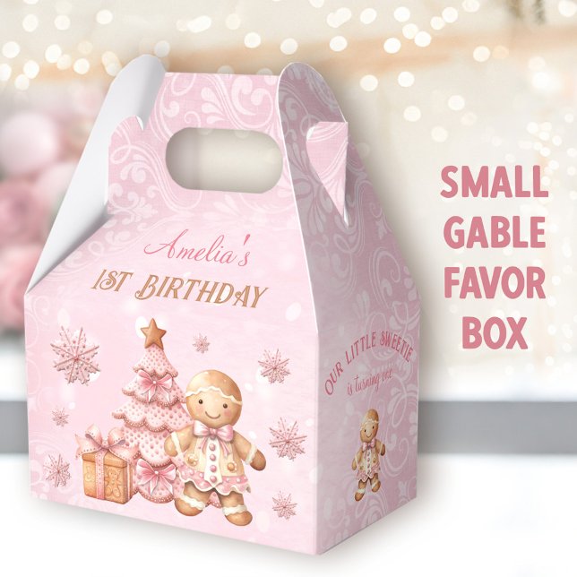 Caixinha De Lembrancinhas Primeiro aniversario de Natal Rosa Gengibre (Gingerbread Birthday Small Gable Favor Boxes -You can choose from 3 sizes of these gable favor boxes)