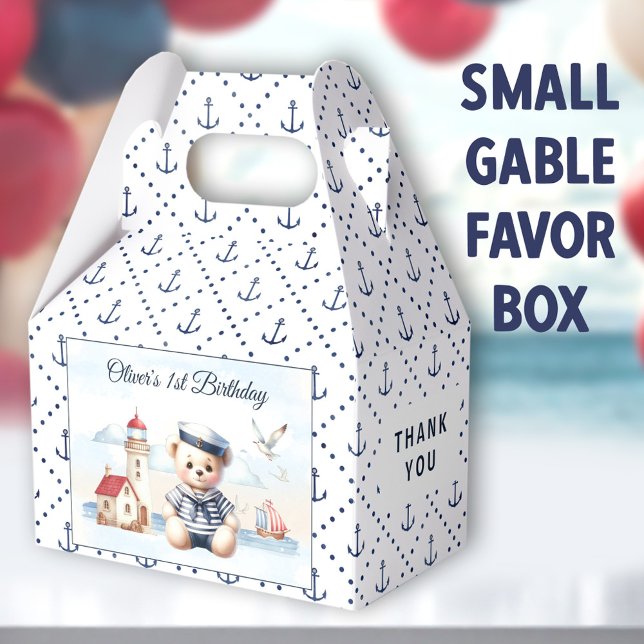 Caixinha De Lembrancinhas Primeiro aniversario do Urso de Corte do Marinheir (Sailor Bear Small Gable Favor Boxes -  You can choose from 3 sizes of these gable favor boxes)