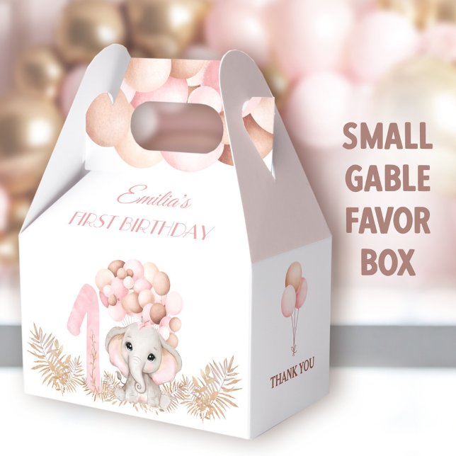 Caixinha De Lembrancinhas Primeiro Aniversário Rapariga Elefante Rosa Balões (Pink Elephant Small Gable Favor Boxes - You can choose from 3 sizes of these gable favor boxes)