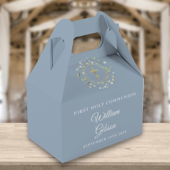 Caixinha De Lembrancinhas Primeiro Sagrado Comunhão Verde Garland Dusty Blue (Criador carregado)