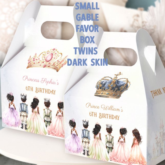 Caixinha De Lembrancinhas Príncipe Princesa Gêmeos Coroa Aniversário Real (Prince Princess Twins Crown Royal Birthday Favor Boxes Dark Skin)
