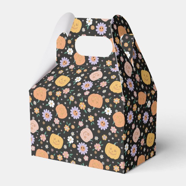 Caixinha De Lembrancinhas Pumpkins e Flores do Halloween Retro (Frente)