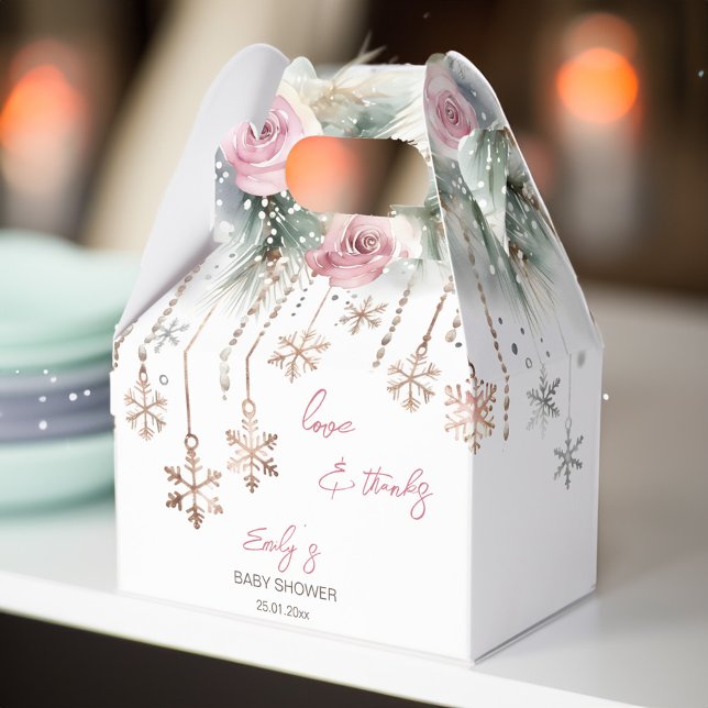 Caixinha De Lembrancinhas Querida, está frio fora do chá de fraldas de inver (Baby it's cold outside winter girls baby shower favor box pink blush roses pines crystals snowflakes)