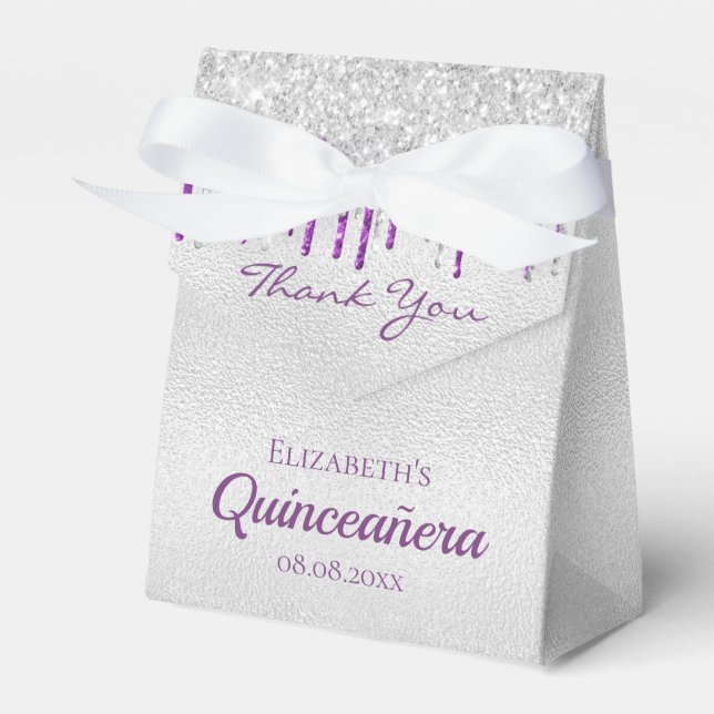 Caixinha De Lembrancinhas Quinceanera prata púrpura púrpura pingar obrigado (Frente)