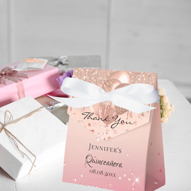 Caixinha De Lembrancinhas Quinceanera rosa rosa rosas balões de ouro obrigad (Criador carregado)