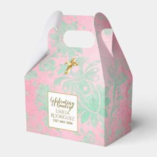 Caixinha De Lembrancinhas Raparigas Bautizo Rosa Rosa Mint Green Damask Dour