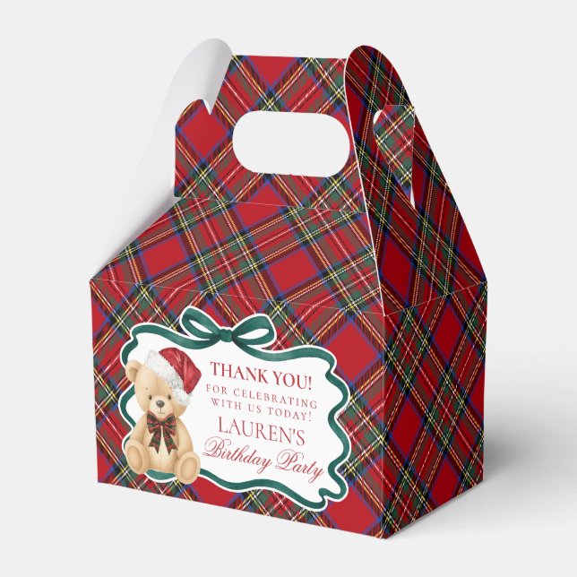 Caixinha De Lembrancinhas Red Tartan Plaid Christmas Bear Birthday Favor Box (Frente)