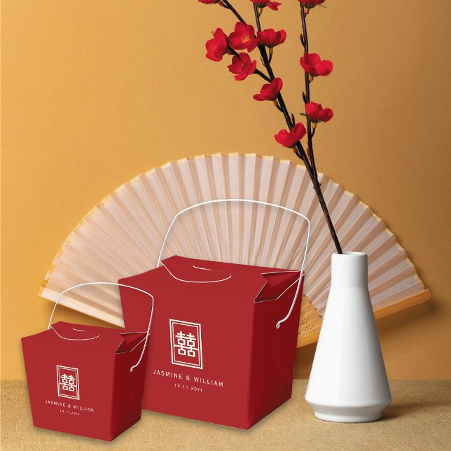 Caixinha De Lembrancinhas Retângulo Clássico Felicidade Dupla Casamento Chin (Ivory/Red Classic Rectangle Double Happiness Chinese Wedding Party Favor Boxes @ fatfatin_red_knot)