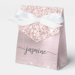 Caixinha De Lembrancinhas Rosa Bege Metal Dourado Rosa Glitter Monograma Nom