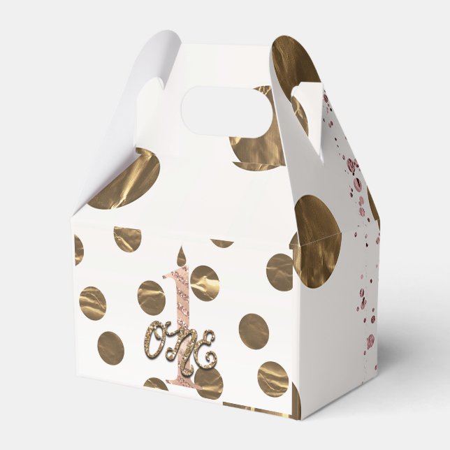 Caixinha De Lembrancinhas Rosa de Bolinhas de bronze Dourado UM primeiro ani (Frente)