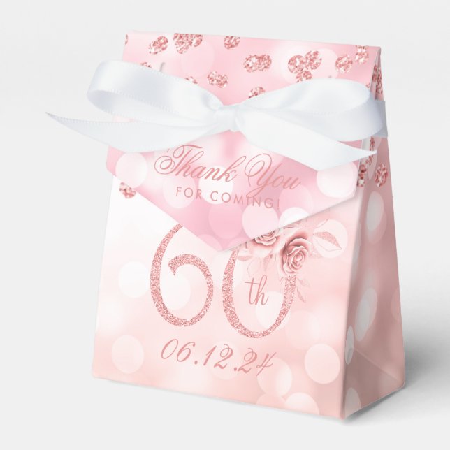 Caixinha De Lembrancinhas Rosa Dourado 60º Aniversário Obrigado Luzes Florai (Frente)