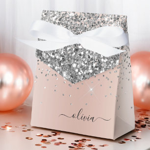 Caixinha De Lembrancinhas Rosa Dourado - Rosa Bege Glitter Monograma Prata