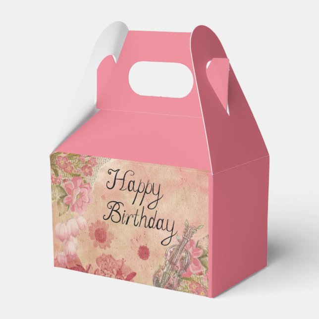 Caixinha De Lembrancinhas Rosa Happy Birthday Favor Box Floral Music Design (Frente)