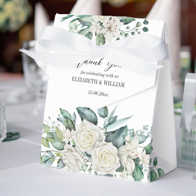 Caixinha De Lembrancinhas Rosas brancas de eucalipto verde personalizadas (Greenery eucalyptus white roses personalized favor box)