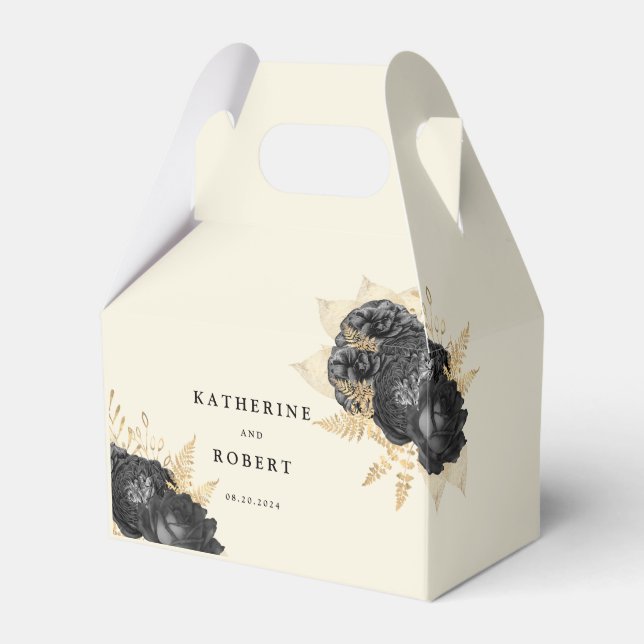 Caixinha De Lembrancinhas Rosas Dourados Pretos com Aquarela Casamento com M (Frente)