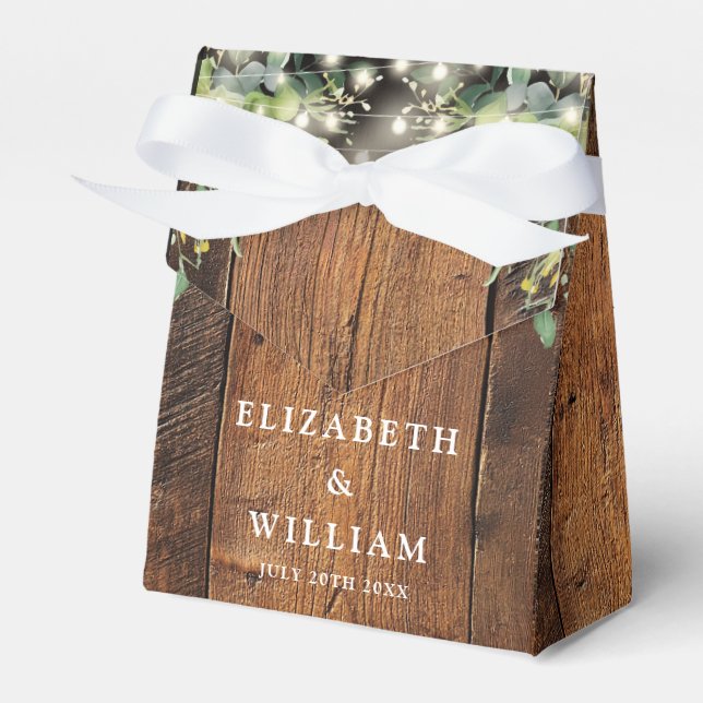 Caixinha De Lembrancinhas Rustic Wood String Lights Greenery Wedding (Frente)