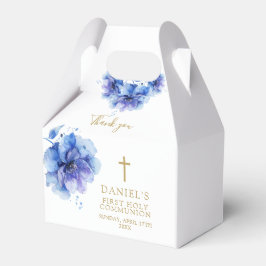 Caixinha De Lembrancinhas Santo Comunhão Floral de Aquarela Azul Elegante