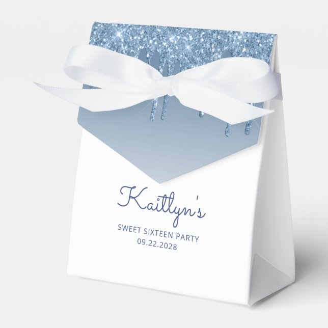 Caixinha De Lembrancinhas Script de Drip de Glitter Azul Elegante de 16 Fest (Frente)