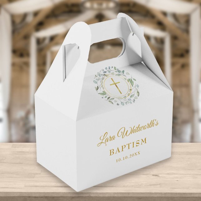 Caixinha De Lembrancinhas Script Dourado Baptism Christening Laurel Garland (Criador carregado)