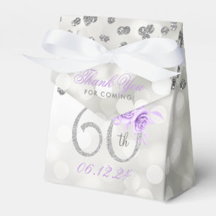 Caixinha De Lembrancinhas Silver 60 Aniversário Obrigado Luzes Florais Roxas