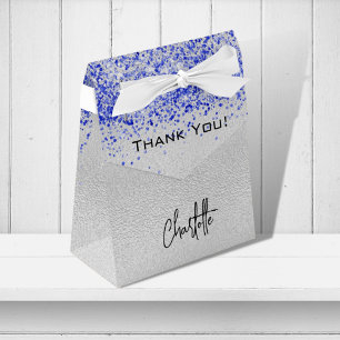 Caixinha De Lembrancinhas Silver royal blue glitter sparkles name thank you