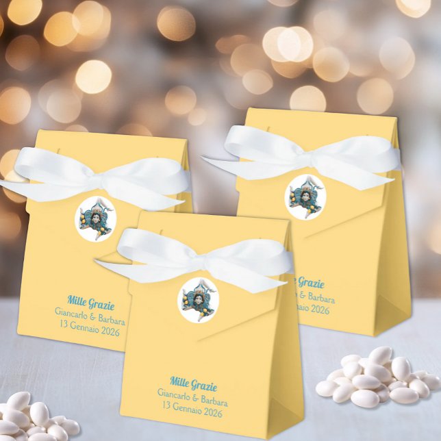 Caixinha De Lembrancinhas Símbolo da Sicília Trinacria Medusa Amarelo Sicili (Trinacria Symbol of Sicily Yellow Tent Favor Box for Italian Sicilian Weddings)