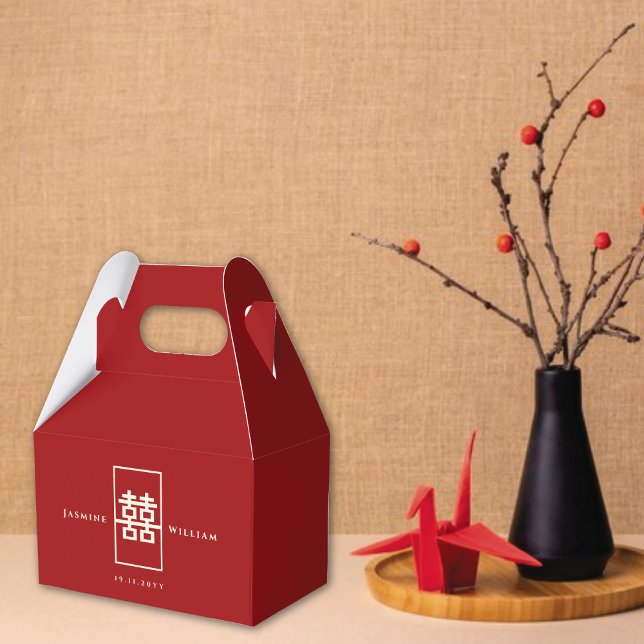 Caixinha De Lembrancinhas Simples Retângulo Dupla Felicidade Casamento Chinê (Ivory/Red Simple Rectangle Double Happiness Chinese Wedding Party Favor Boxes @ fatfatin_red_knot)