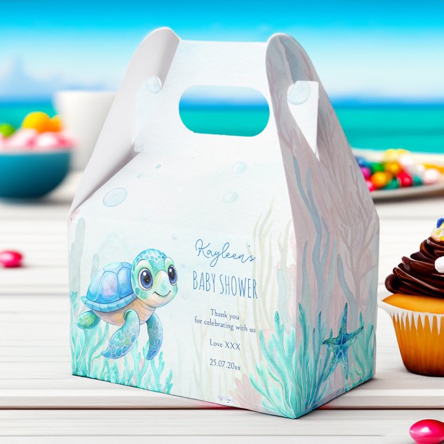 Caixinha De Lembrancinhas Sob o mar, chá de fraldas azul aqua da tartaruga a (Under the sea cute turtle aqua blue boys baby shower personalized favor boxes baby shower favors)