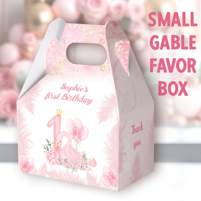 Caixinha De Lembrancinhas Swan Floral Feather primeiro aniversario Rosa Pequ (Swan small gable favor boxes. You can choose from 3 sizes of these gable favor boxes.)