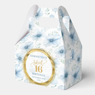 Caixinha De Lembrancinhas Sweet 16 Favor Box Aquarela Flores Azuis Douradas