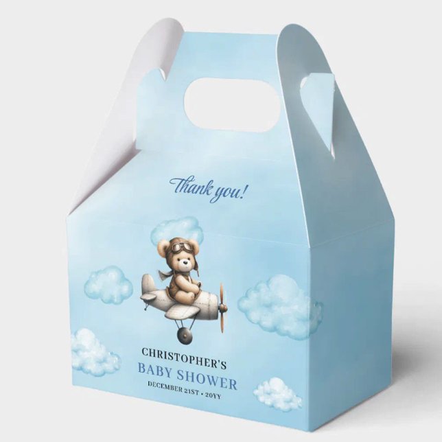 Caixinha De Lembrancinhas Sweet Blue Brown Teddy Bear Pilot Baby Shower Box (Sweet Blue Brown Teddy Bear Pilot Baby Shower Favor Box

)
