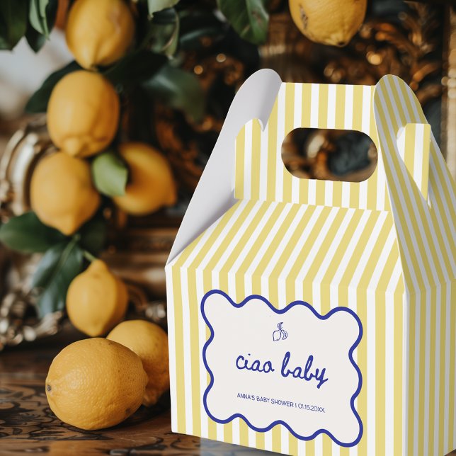 Caixinha De Lembrancinhas Tchau Chá de fraldas Azul e Amarelo Desenhado (ciao baby blue and yellow hand drawn favor boxes for italian baby shower inspired by lemons)