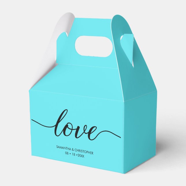 Caixinha De Lembrancinhas Teal Blue Love Script Modern Weding Obrigado (Frente)