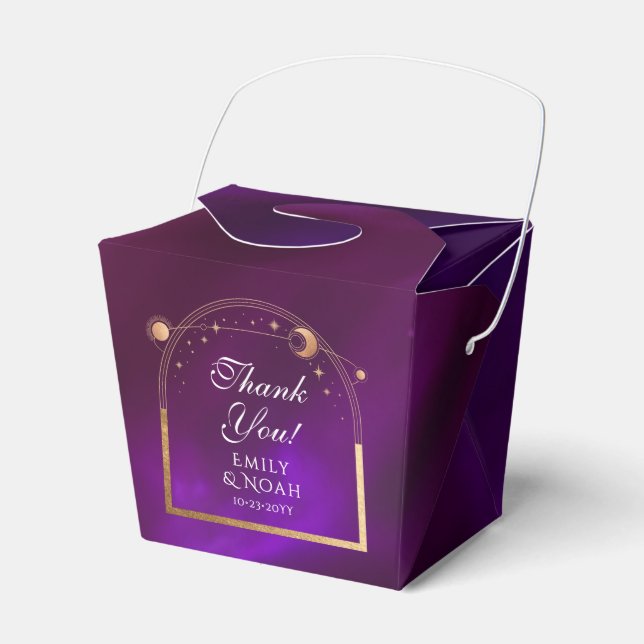 Caixinha De Lembrancinhas Teal Roxo Celestial Dourado Sol Lua Estrelas Casam (Frente)