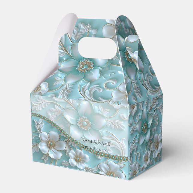 Caixinha De Lembrancinhas Teal White Floral Favor Box (Frente)