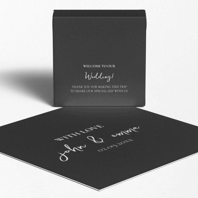 Caixinha De Lembrancinhas Tema Elegante de Casamento Negro e Branco (Return gift box with a welcome note for thanking your guests)