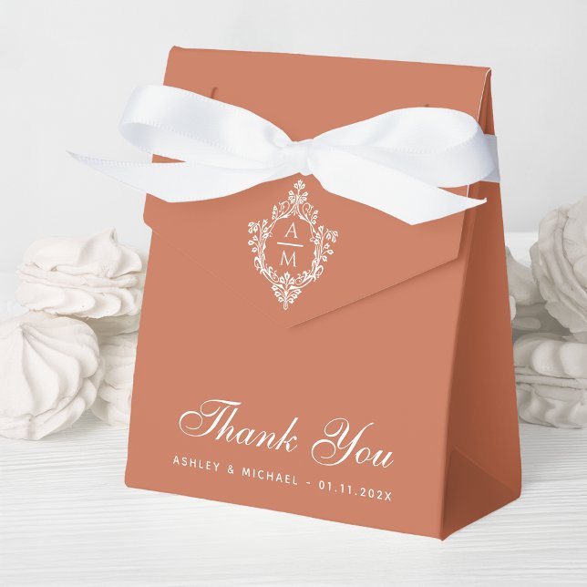 Caixinha De Lembrancinhas Terracotta Wedch Crest Monograma Script Obrigado (Criador carregado)