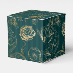 Caixinha De Lembrancinhas Têxtil Damasco Floral em Azul Escuro e Dourado
