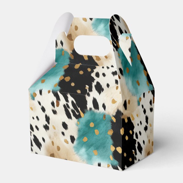 Caixinha De Lembrancinhas Turquesa Black Cream Western Cowhow Dourado (Frente)