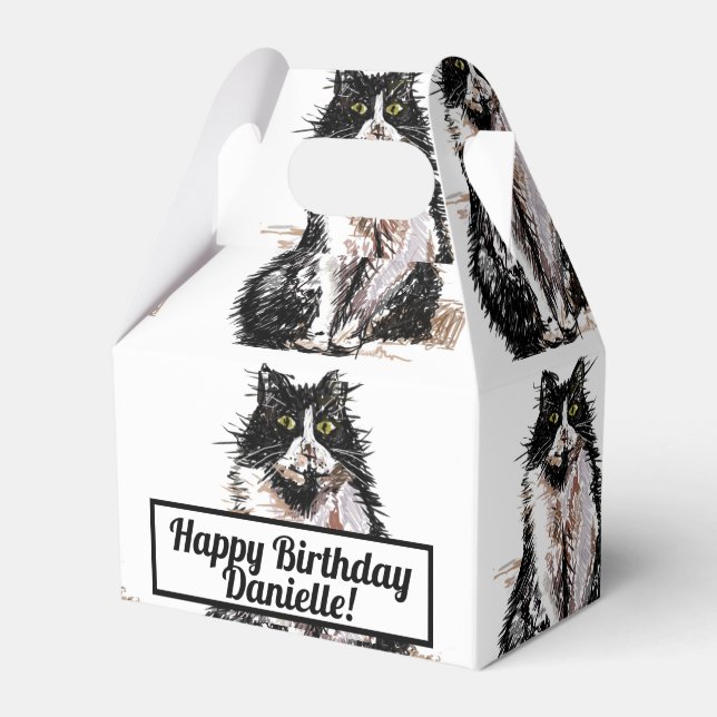 Caixinha De Lembrancinhas Tuxedo Cat Black Birthday Cats Cake Favor Box (Frente)
