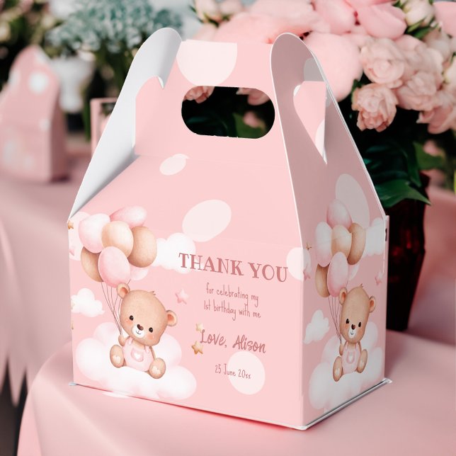Caixinha De Lembrancinhas Urso de peluche rosa com balões sobre nuvens, sob  (Pink teddy bear with balloons on clouds girls birthday party favors personalized favor box)