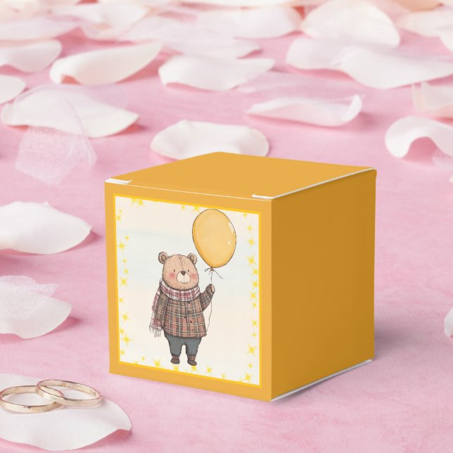 Caixinha De Lembrancinhas Urso no Suéter de Xadrez Marrom com Balão Amarelo (Casamento)