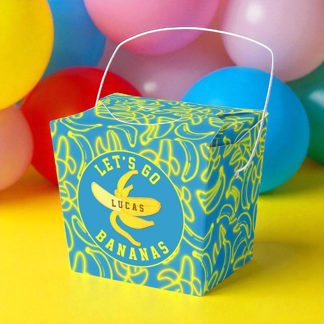 Caixinha De Lembrancinhas Vamos Festa de Bananas (Bright ‘Let’s Go Bananas’ favor box with neon fruit pattern and custom name.)