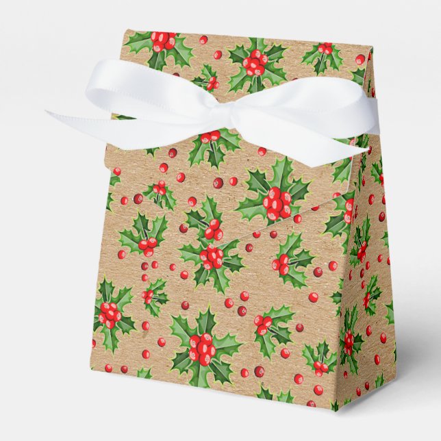 Caixinha De Lembrancinhas Verde de Natal Clássico Azevinho Frutas Vermelhas (Frente)