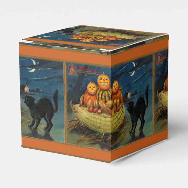 Caixinha De Lembrancinhas Vintage Halloween Pumpkins Black Cat (Frente)