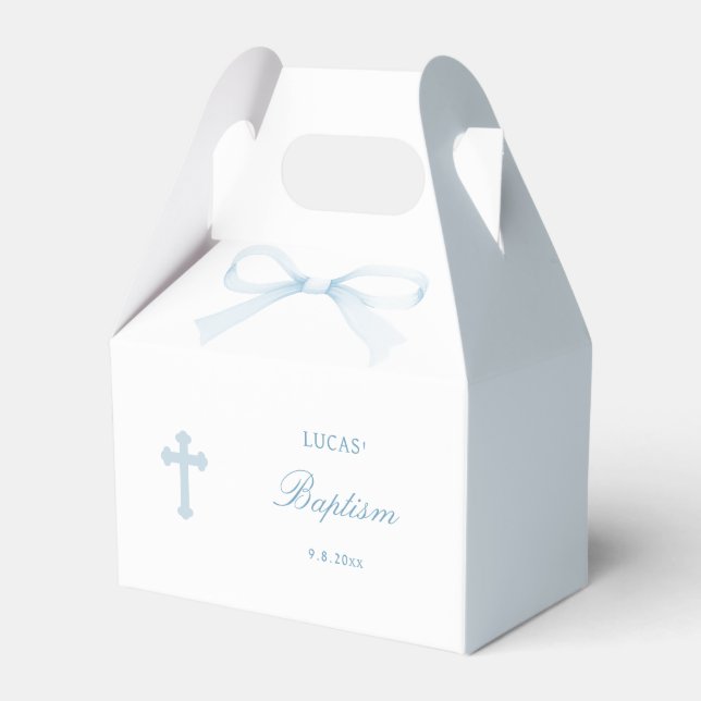 Caixinha De Lembrancinhas Watercolor Blue Bow Baptism Small Gable (Frente)