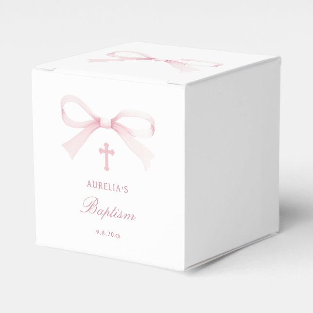 Caixinha De Lembrancinhas Watercolor Pink Bow Baptism Cube (Frente)