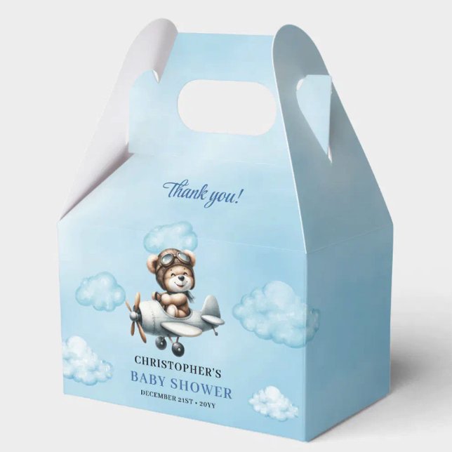 Caixinha De Lembrancinhas Whimsical Blue Brown Teddy Bear Pilot Baby Shower  (Whimsical Blue Brown Teddy Bear Pilot Baby Shower Favor Box

)