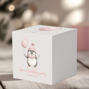 Caixinha De Lembrancinhas Whimsical Penguin Birthday   Vintage Pink